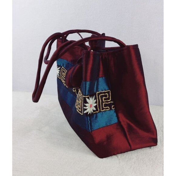 Asian Inspired Handbag Satin Look Burgundy Gold Tone Thread Embordered Flowers - Picture 4 of 9